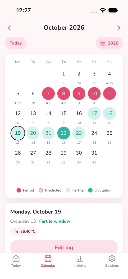 Calendário com menstruação, dias férteis e ovulação marcados