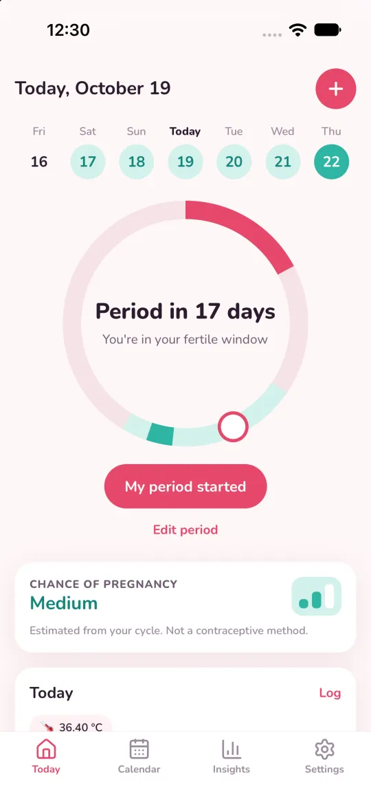 Tela inicial com o anel do ciclo e os dias até a próxima menstruação