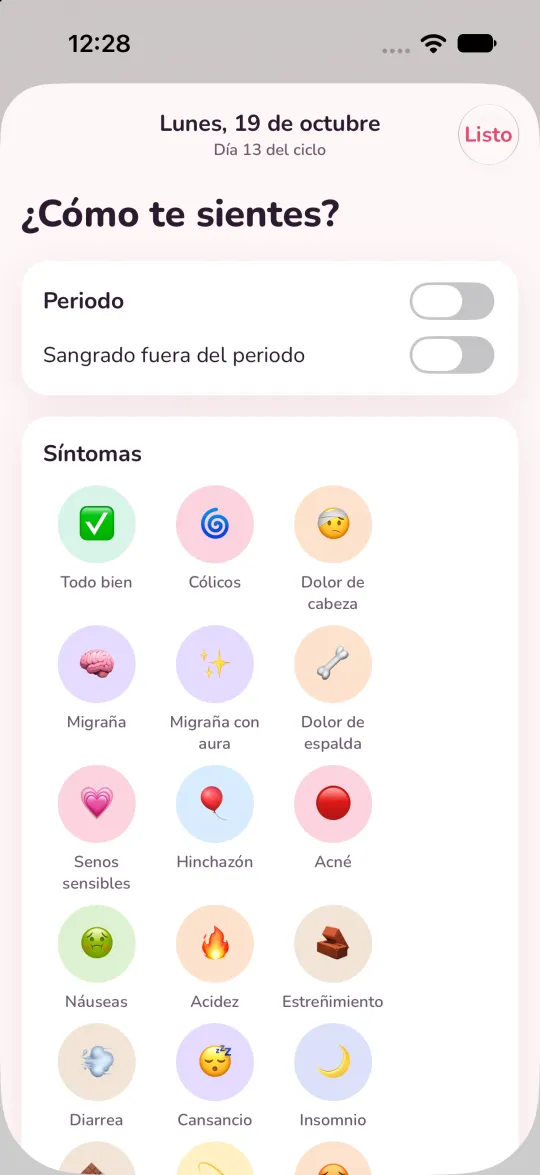 Registro del día con flujo, síntomas y estado de ánimo