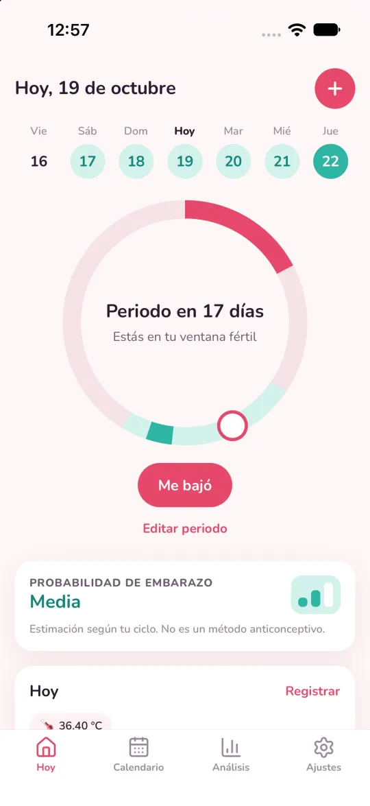 Pantalla de inicio con el anillo del ciclo y los días hasta el próximo periodo